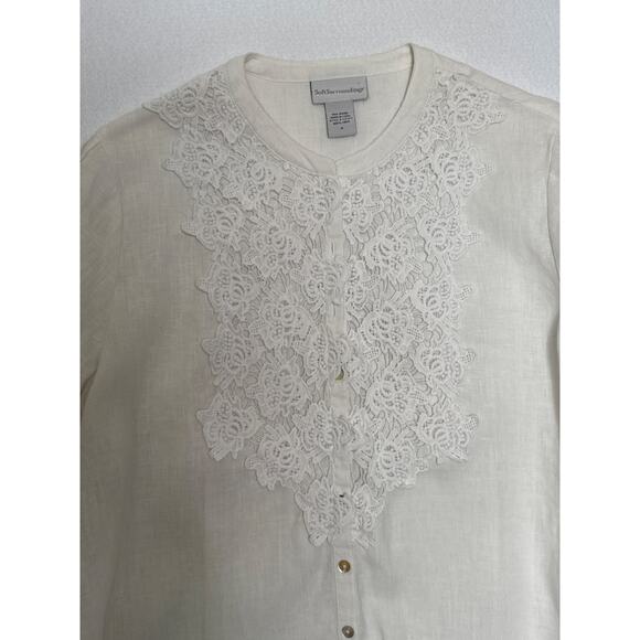Soft Surroundings White Linen crochet Front Blouse Button Down pleated sleeves M - Picture 9 of 14